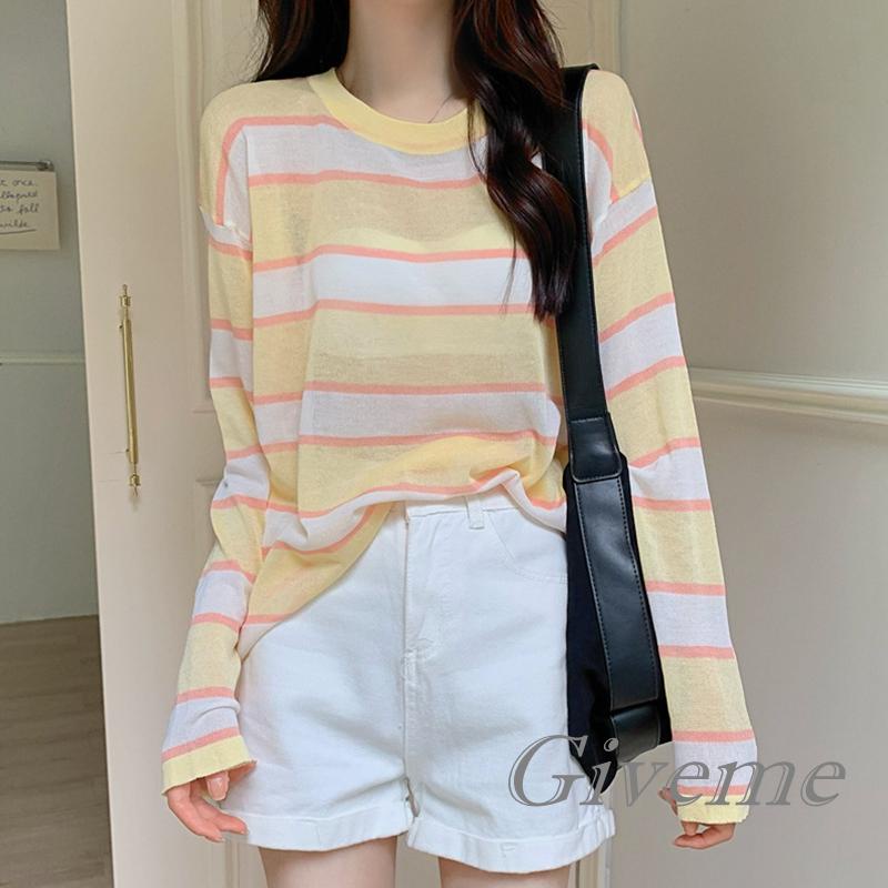 Áo Thun Nữ Dài Tay Cổ Tròn Xuyên Thấu Màu Xanh Dương / Xanh Lá / Hồng / Vàng