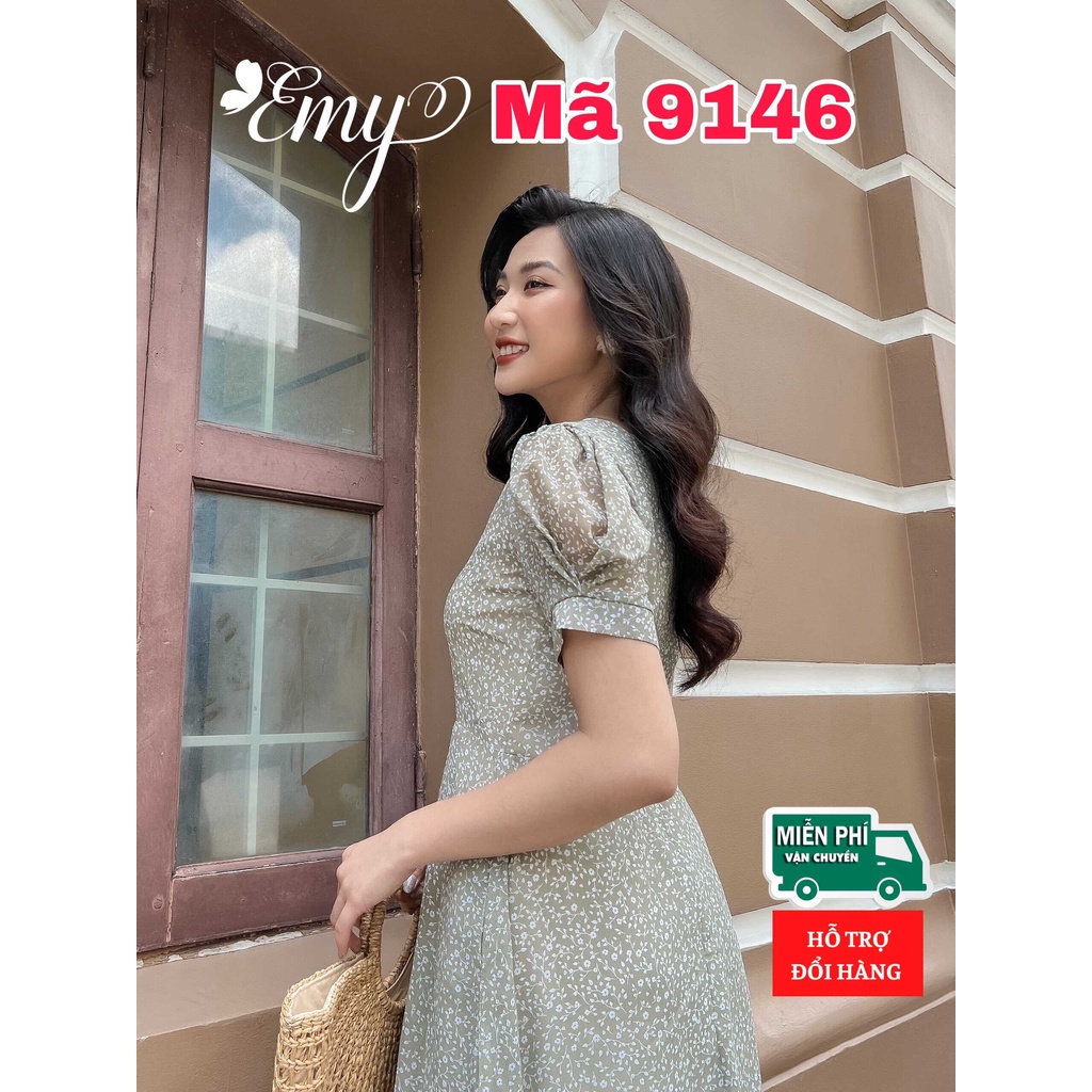 Váy EMY EM9146 Nữ Dạo Phố Xòe Xanh Hoa Nhí Có Túi