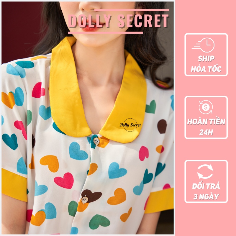 Đồ bộ Pijama ngắn tay cộc quần đùi lụa mango cổ tròn họa tiết trái tim chấm bi đáng yêu DOLLY SECRET CC04