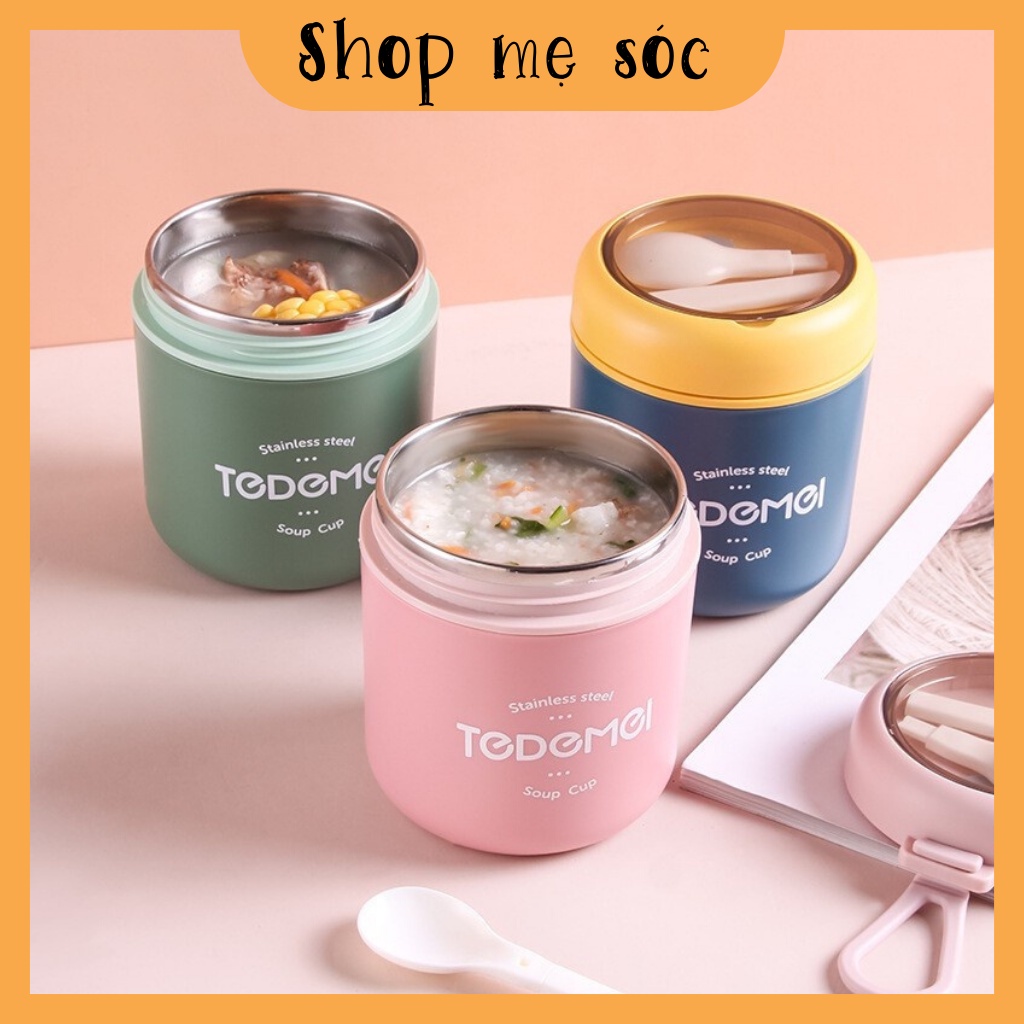 Cốc đựng canh, bình ủ cháo inox 304 TEDEMEI loại mới giữ nhiệt cực lâu tặng kèm muỗng an toàn vệ sinh mesoscshop