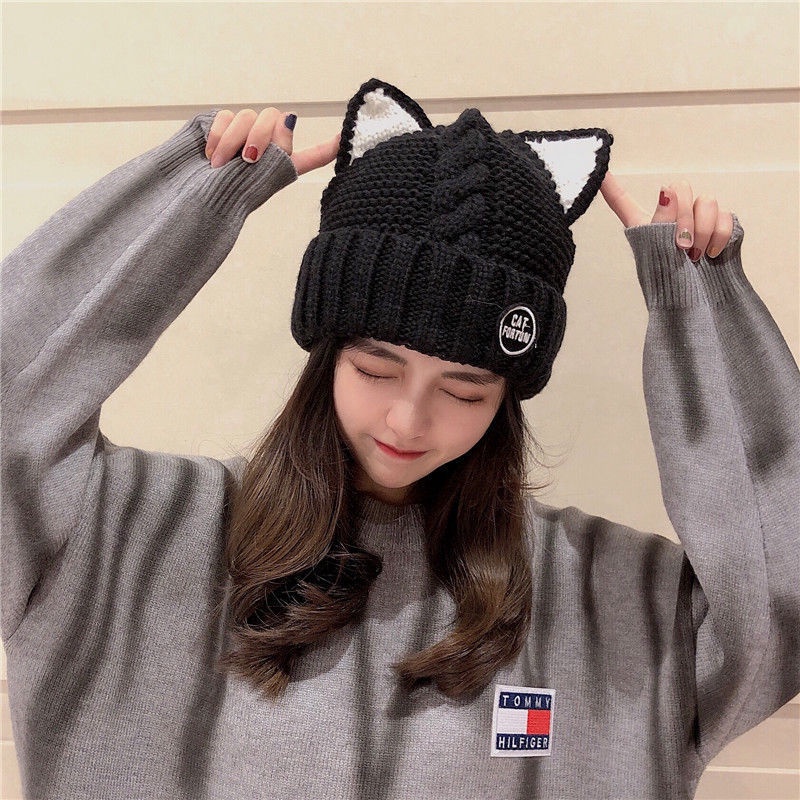 Mũ len lót nhung giữ ấm tai mèo dễ thương phong cách Nhật bản
