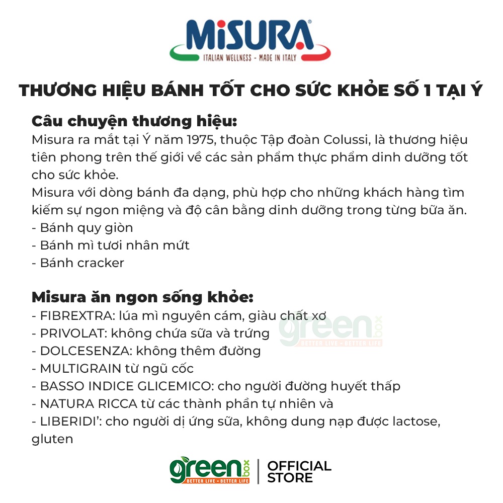 Bánh quy lúa mì giòn Misura Ý 385g dùng bột lúa mì nguyên cám và dầu hướng dương, giàu chất xơ