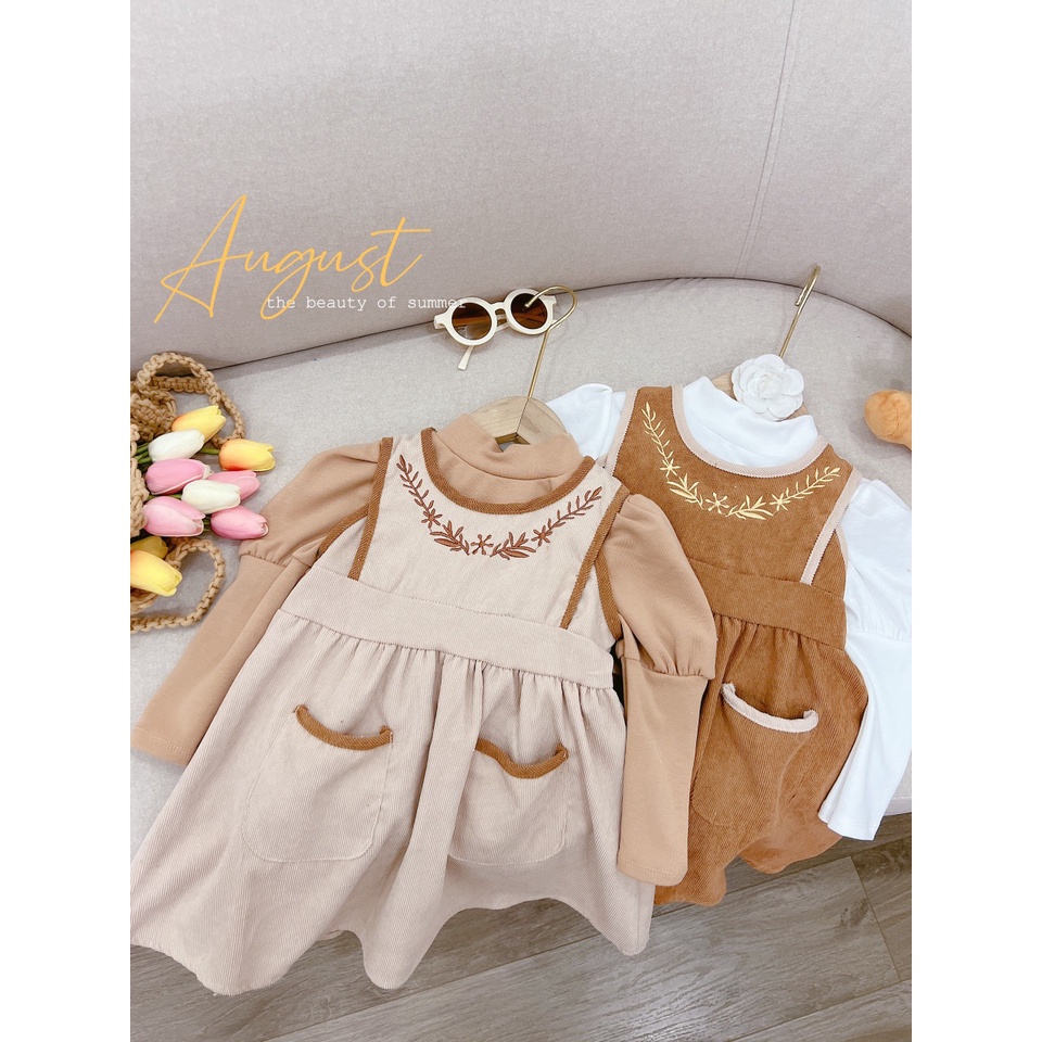 Sét yếm nhung cho bé gái, set váy yếm nhung thêu tỉ mi kèm áo zip tay bồng cho bé