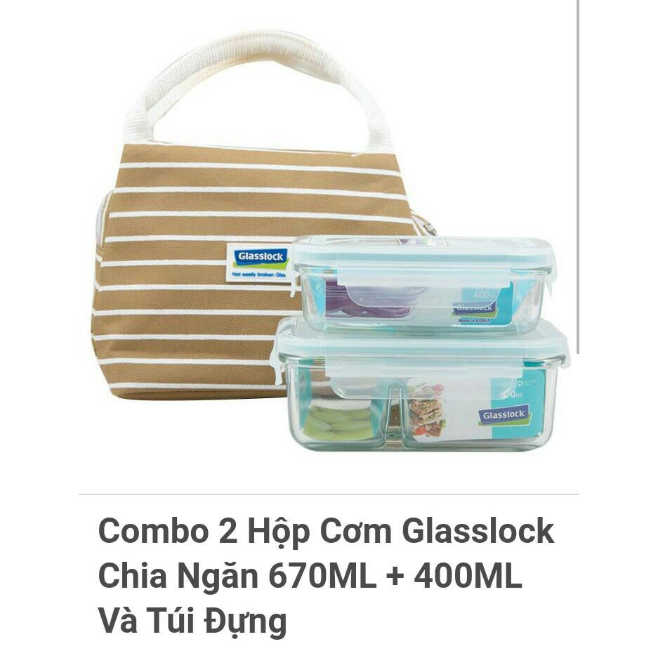 combo 2 hộp cơm Glasslock chia ngăn 670ml, 400ml và túi đựng