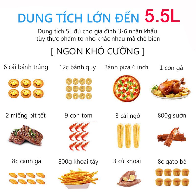 【Bảo hành 12 tháng】nồi chiên không dầu 5.5 Lít, Màn hình điều khiển cảm ứng,Lớp chống dính cấp thực phẩm , Air Frye