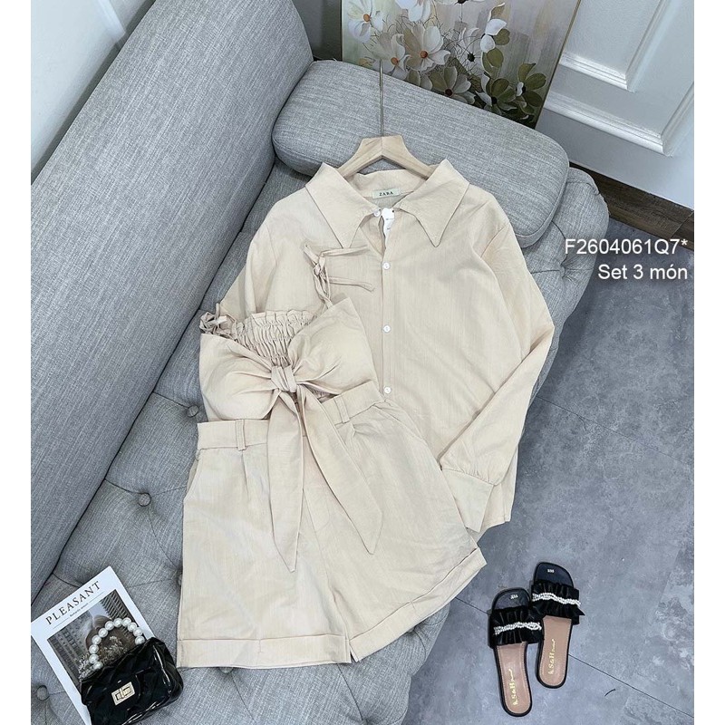Set đi biển 3 món áo sơ mi tay dài áo bra cột nơ ngực 2 dây phối quần short! | BigBuy360 - bigbuy360.vn