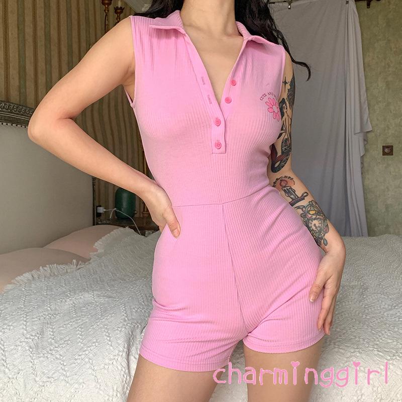 Áo liền quần Sát Nách Cổ Bẻ Dáng Ôm In Họa Tiết Hoa Phối Hàng Nút Thời Trang Mùa Hè Cho Nữ