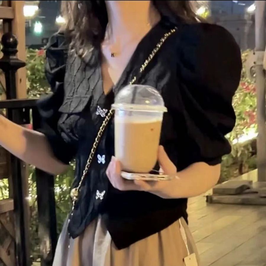 Áo Kiểu Tay Ngắn Phồng Cổ Chữ V Đính Nơ Thời Trang Dành Cho Nữ 2022 Amoi