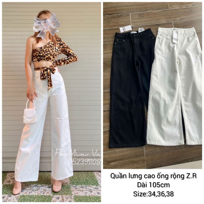 Quần jean nữ lưng cao ống rộng dài Z.R.đen trắng,quần culottes dài lưng cao-chất jean cotton mềm(hàng xuất xịn)