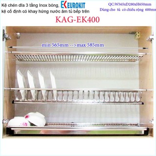 Kệ chén dĩa 3 tầng âm tủ chữ V KAG-EK400-60cm, kệ chén âm tủ Eurokit 60cm Inox bóng cao cấp