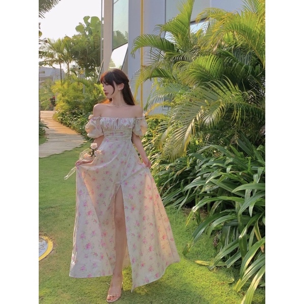 Đầm maxi hoa nhí màu be đi biển