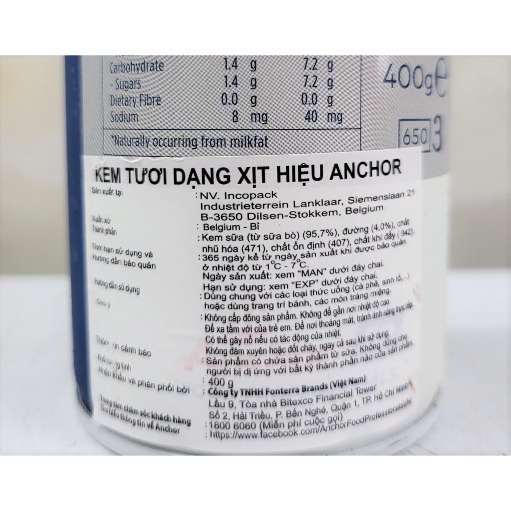 [Chai 400g] KEM TƯƠI DẠNG XỊT (Trang trí bánh, cà phê) [Belgium] ANCHOR Whipped cream (halal) (nw5)