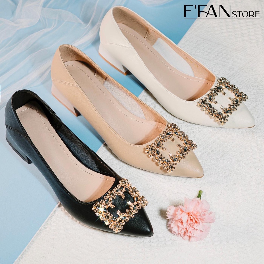 Giày cao gót nữ mũi nhọn [da thật] mềm mại, bít mũi gót vuông 3 phân đính đá 1818, màu đen be trắng FFAN STORE