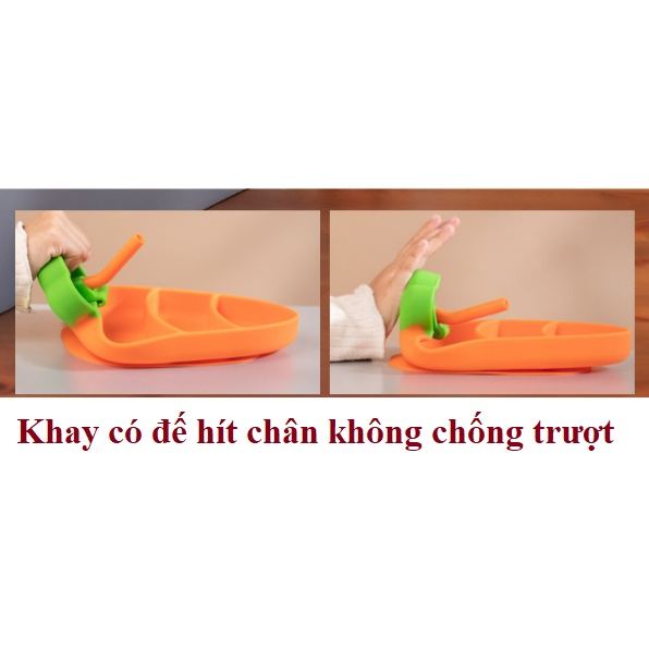Bộ khay ăn dặm cho bé hình cà rốt có đế hít chống lật gồm khay, thìa, dĩa, ống hút bằng silicon cao cấp