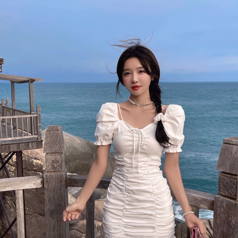 Đầm Tay Phồng Xếp Ly Dáng Ôm Phối Dây Rút Phong Cách Hàn Quốc Thời Trang Mùa Hè Hàng Mới 2021