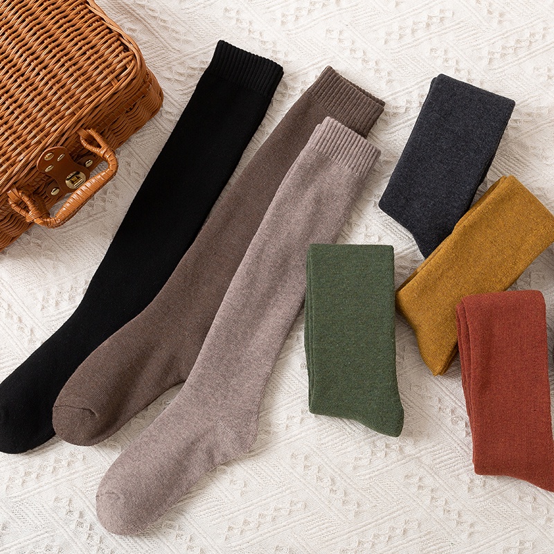 Vớ cotton terry dày cao qua đầu gối màu trơn dạng nén phong cách Nhật Bản/ Hàn Quốc thời trang mùa đông cho nữ