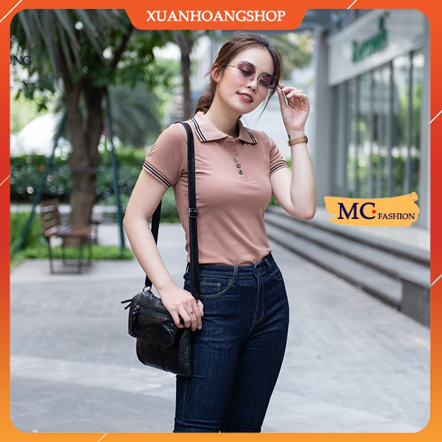 Áo Thun Nữ Tay Ngắn Dáng Phông Có Cổ Đẹp Đủ Màu Trắng Đen Tím Xanh Than Vàng Nâu Vải Cotton Mc Fashion Ap169