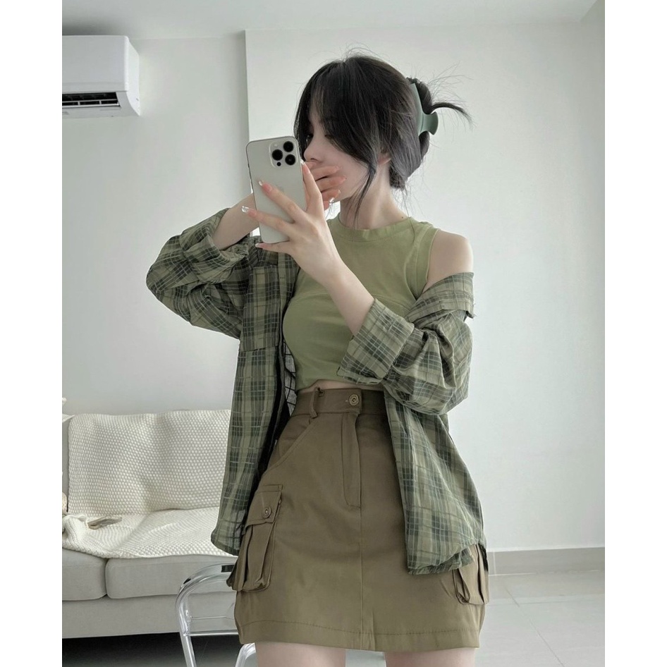 SET 3 MÓN: ÁO SƠ MI CARO XANH + ÁO BA LỖ CROPTOP + CHÂN VÁY TÚI HỘP