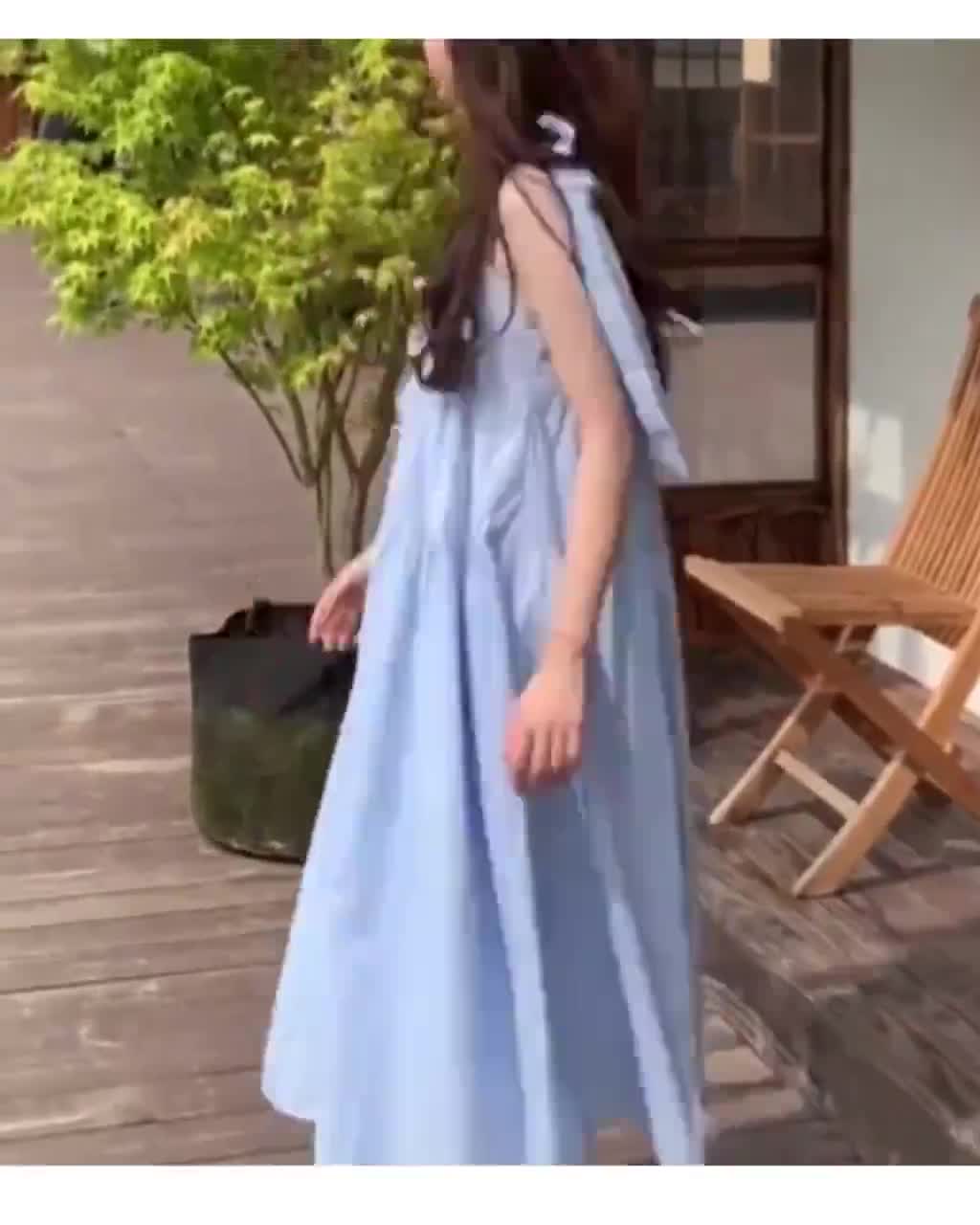 SUV003 Váy babydoll dáng dài 2 dây bản to xanh đen trắng thắt nơ form rộng Đầm bầu hai dây maxi 2 tầng buộc dây suông | BigBuy360 - bigbuy360.vn