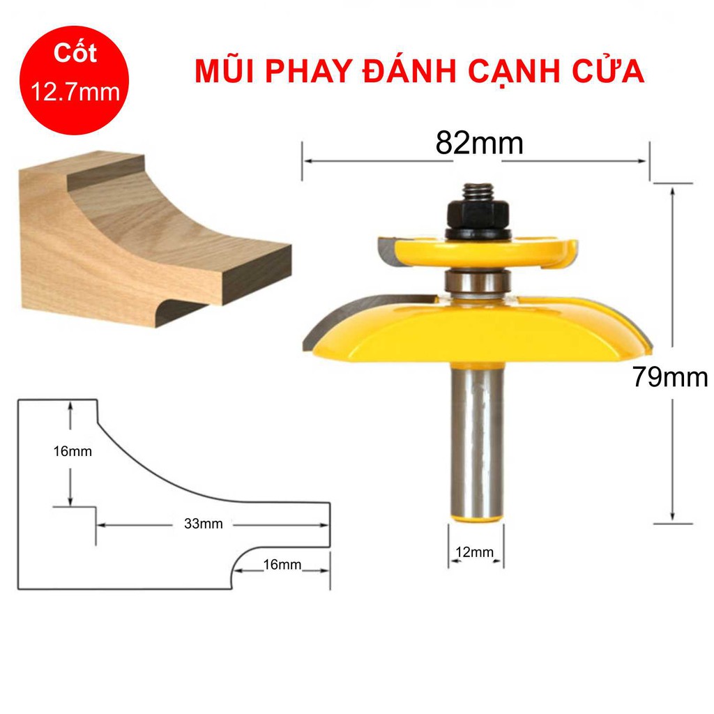 Mũi phay gỗ mũi phay đánh cạnh cửa, cốt 12.7mm