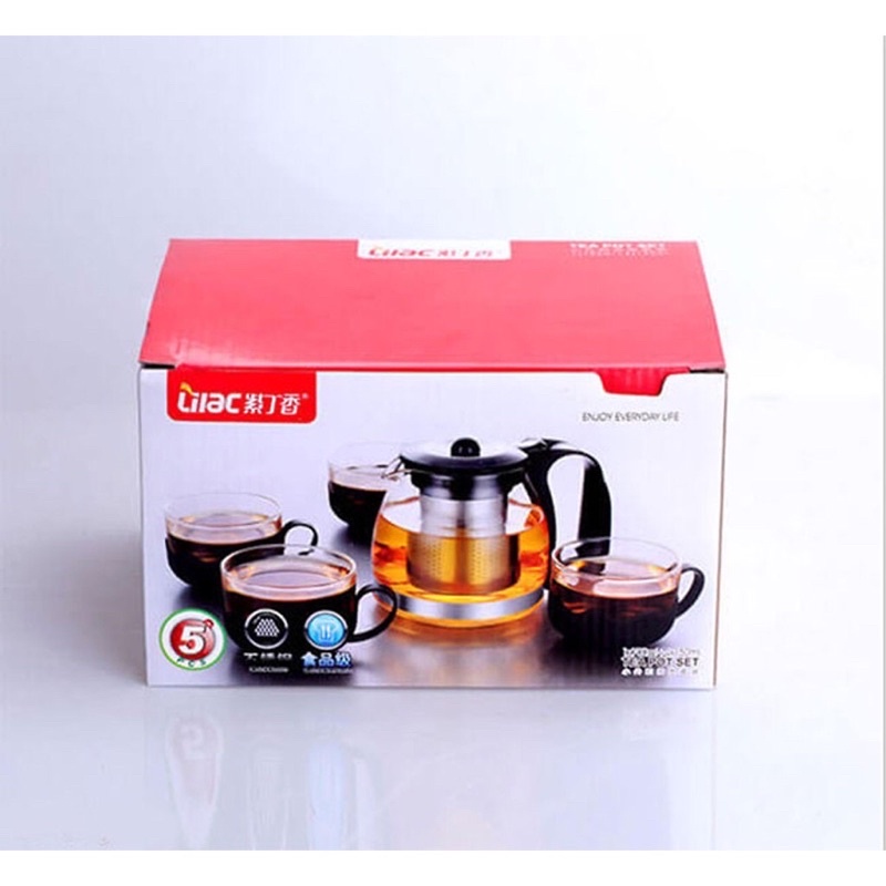 Bình Pha Trà Thuỷ Tinh Kèm Lưới Lọc Cặn Inox Cùng 4 Cốc Đi Kèm Siêu Rẻ Tiện Lợi -Gbear_Shop