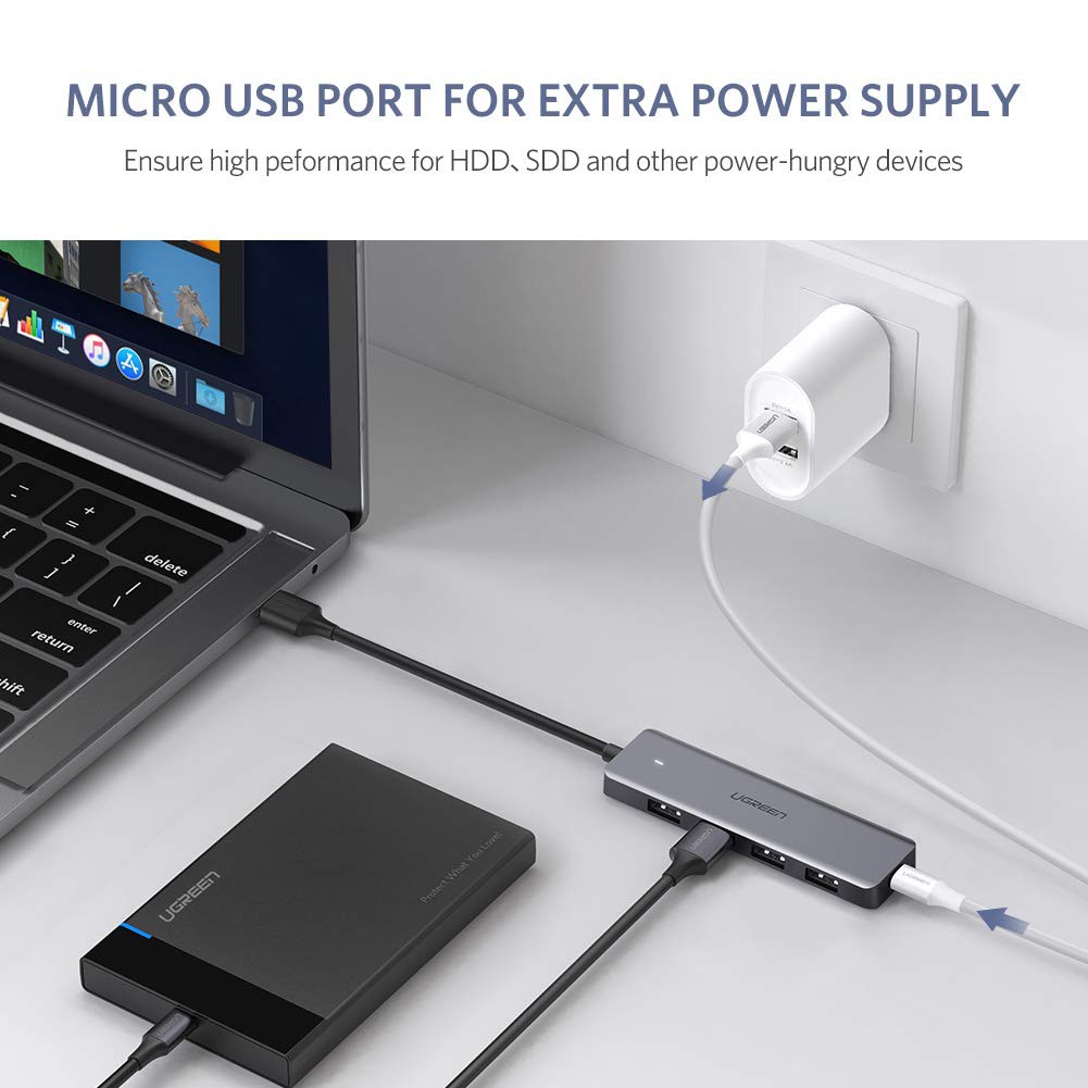 Hub USB 3.0 4 Port Có Trợ Nguồn Cổng Micro USB UGREEN 50985 - Hàng Chính Hãng