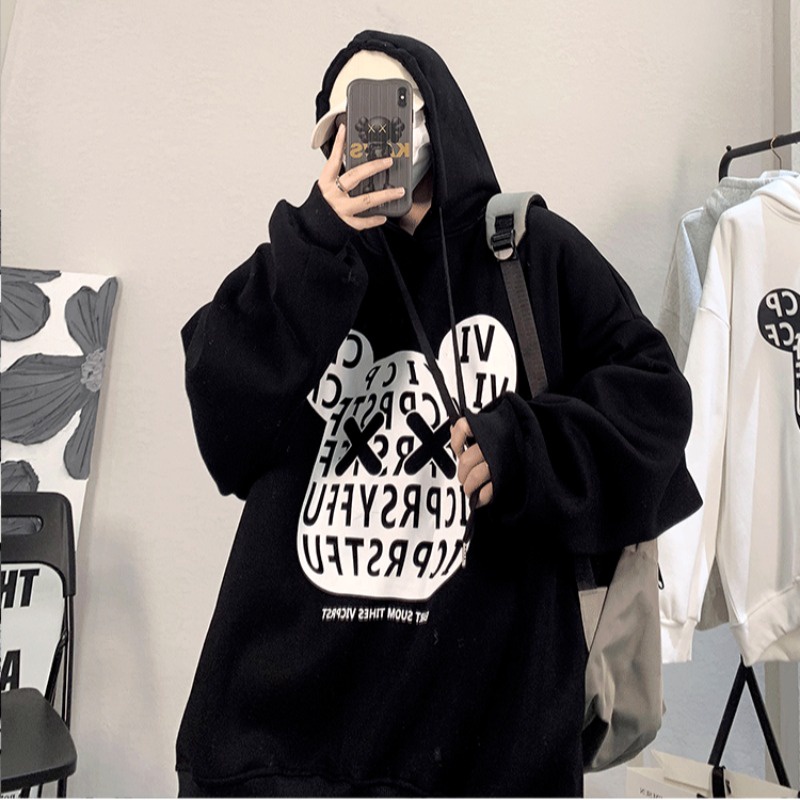 Áo Hoodie Tay Dài Dáng Rộng In Họa Tiết Hoạt Hình Gấu Trắng Đen Thời Trang Cho Nam Và Nữ M-5XL