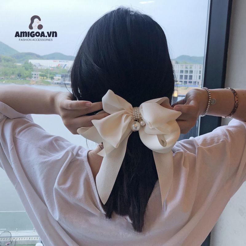 Kẹp Tóc Hình Nơ Đính Ngọc Trai Phong Cách Hàn Quốc Dễ Thương Cho Nữ