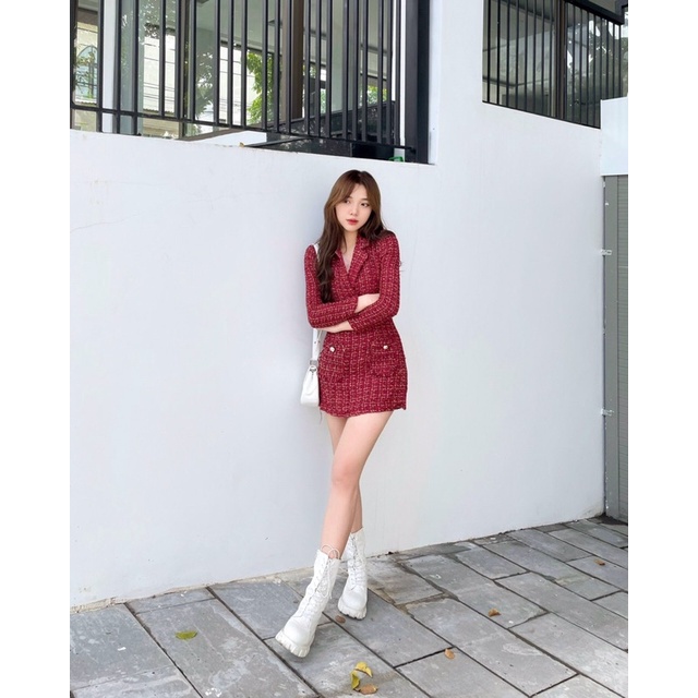 Đầm đỏ cổ vest tay dài,váy nữ noel do tiệc siêu tôn dáng tôn da
