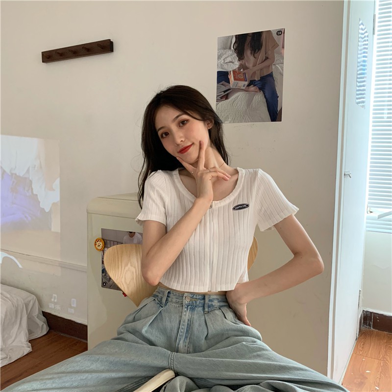 Áo Croptop Xiaozhainv Tay Ngắn Phối Khóa Kéo Phong Cách Hàn Gợi Cảm Với 5 Màu Tùy Chọn Cho Nữ