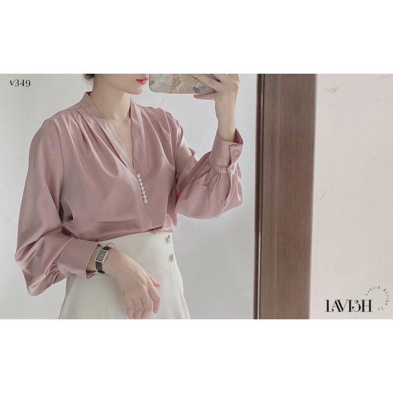 Áo sơ mi dài tay cổ V đính hạt PL