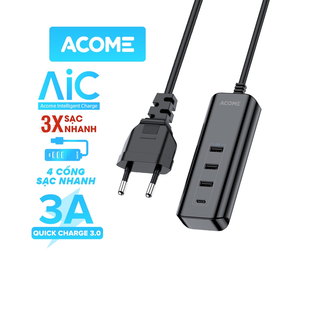 Ổ Cắm Sạc Hỗ Trợ Sạc Nhanh Kiểu Dáng Nhỏ Gọn Acome AC20 4 Cổng Sạc USB-A Type C Tương Thích Thiết Bị Android IOS
