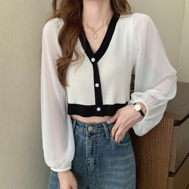 Áo len cổ v tay bèo quảng châu dáng croptop