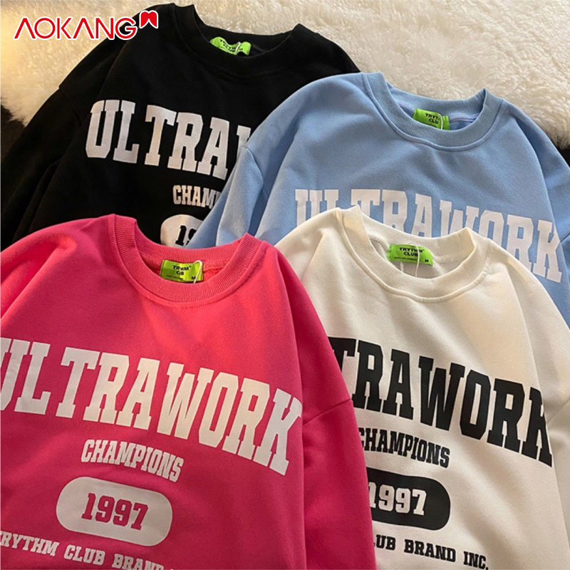 Áo sweater AOKANG dáng rộng in chữ phong cách retro cổ điển