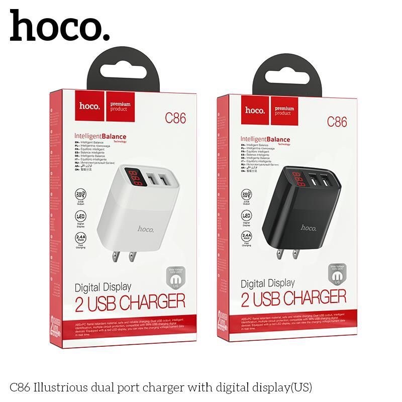 Sạc điện thoại chính hãng Hoco C86 củ sạc nhanh 2 cổng dòng 2.4A  màn Led hiển thị điện áp - BH 12 tháng