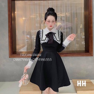 Váy Tiểu Thư đen xoè phối Cổ ren Cực Sang