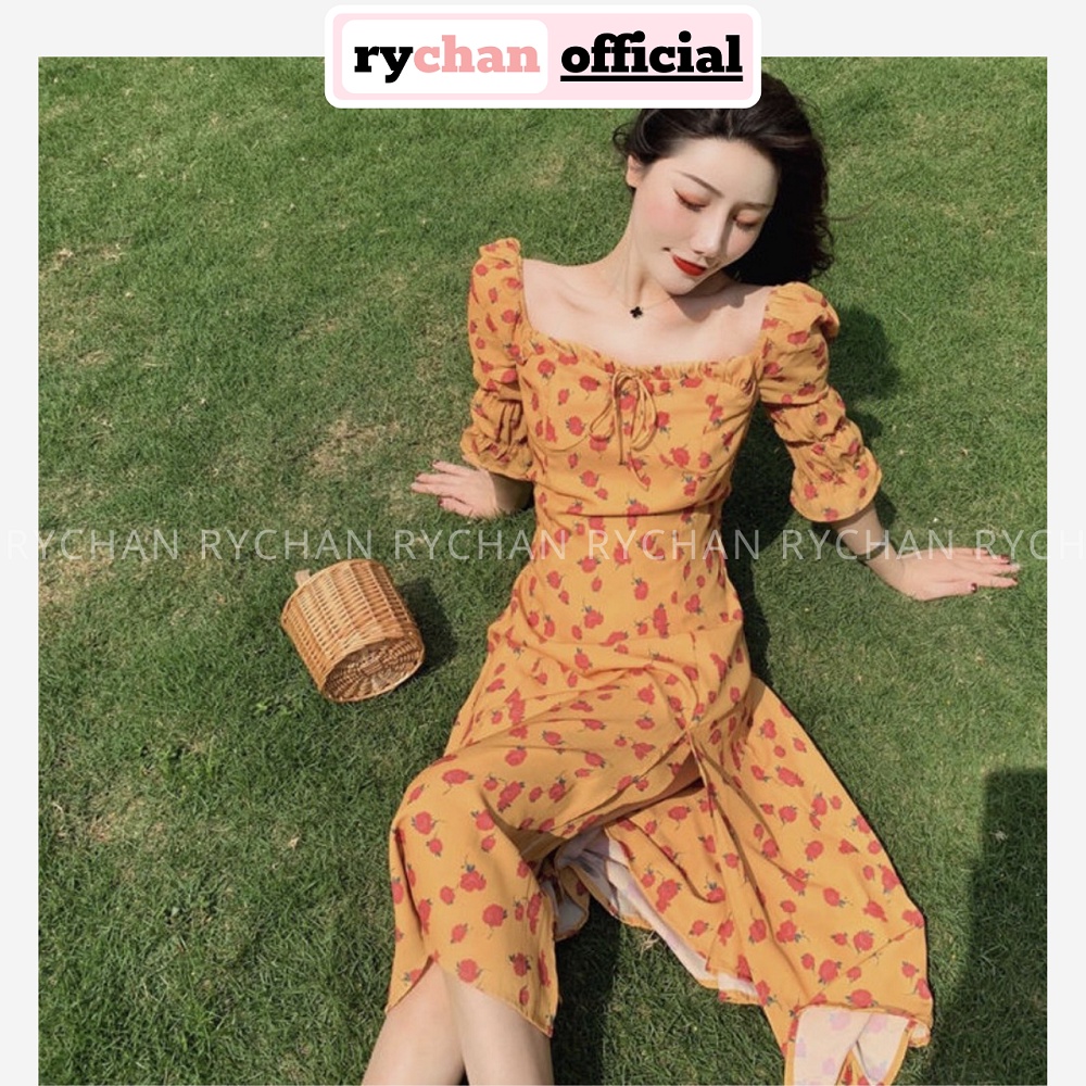 Đầm Xòe Đi Du Lịch Biển Cherry Cổ Vuông Xẻ Tà Cuốn Hút Cực Xinh Màu Vàng - DX0032