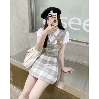 Set 3 món Bộ Áo Croptop In Hoạ Tiết Phối Chân váy Caro