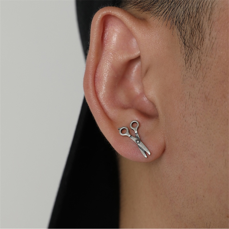 Khuyên tai bạc 925 dạng kẹp hình cây kéo phong cách punk cổ điển thời trang cho nam nữ