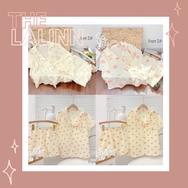Set pijama cổ bẻ dáng cộc hoạ tiết xinh xắn. Bộ ngủ nữ pyjama nhiều màu dễ thương
