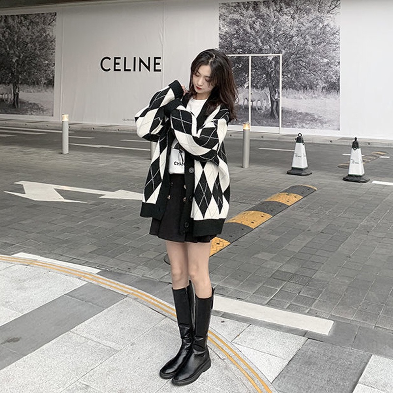 Áo khoác cardigan Xiaozhainv dáng dài rộng họa tiết kẻ sọc 2 màu phong cách cổ điển thời trang cho nữ