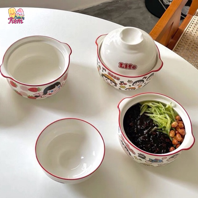 Tô úp mì có nắp hoạ tiết ngộ nghĩnh siêu dễ thương hình shin, maruko, Peko chan, bát úp mì