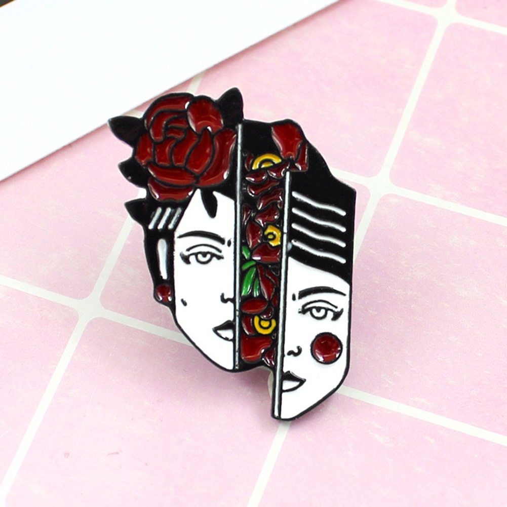 Ghim cài cổ áo hình khuôn mặt phụ nữ lệch với hoa hồng điệu đà