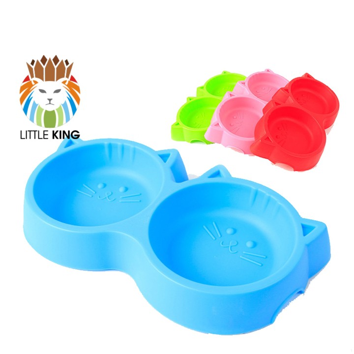 Bát ăn đôi cho chó mèo, thú cưng hình mặt mèo cute chất liệu nhựa PP nhiều màu sắc Little King pet shop