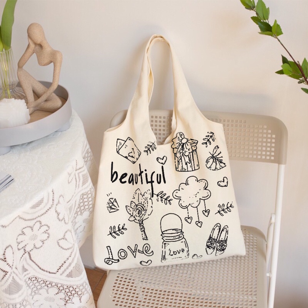 Túi tote Hazin túi vải canvas nữ Beautiful đựng vừa laptop cỡ lớn đeo vai phong cách ulzzang