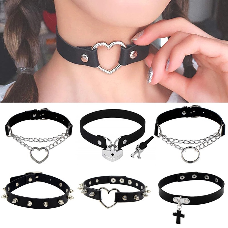 Vòng cổ choker vải da PU khảm đinh tán hình trái tim nhiều kiểu phong cách Harajuku punk cá tính