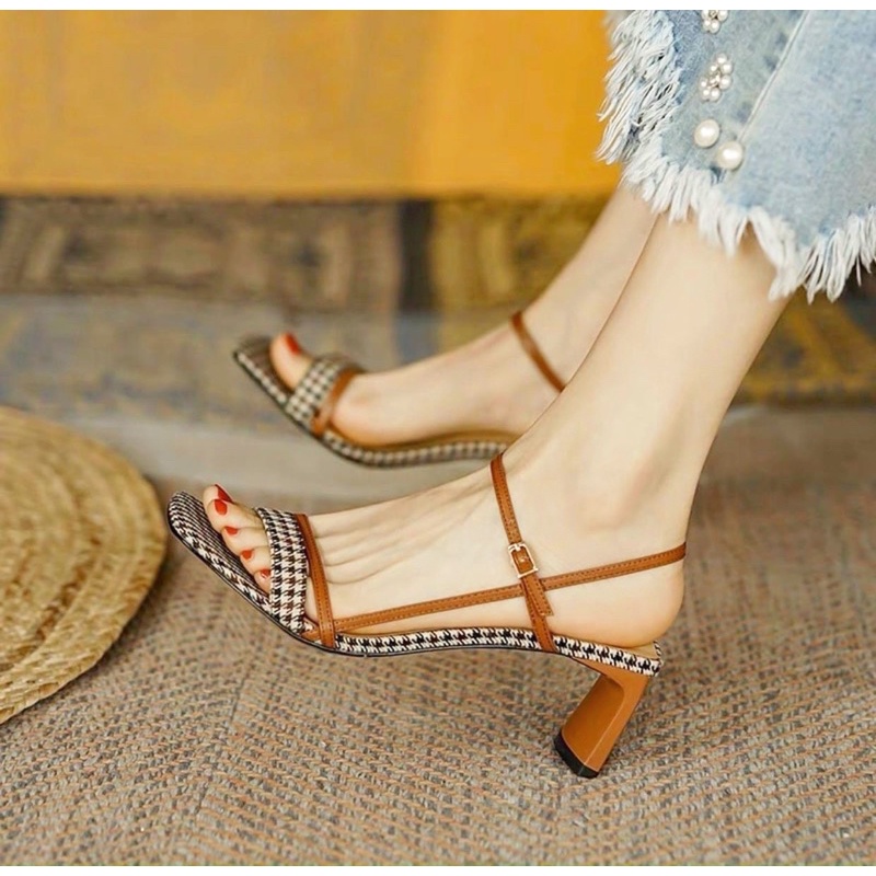 Sandal công sở phối màu độc lạ - sandal dây caro đẹp lạ gót 5p xuất sắc -01