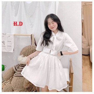 set áo croptop sơ mi trắng buộc nơ + chân váy ngắn xoè Hđ58