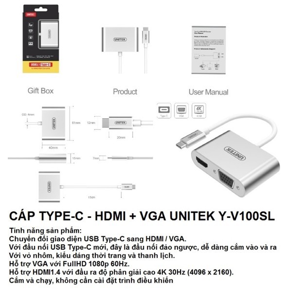 Cáp USB C sang HDMI + VGA Unitek Y-V100 SL