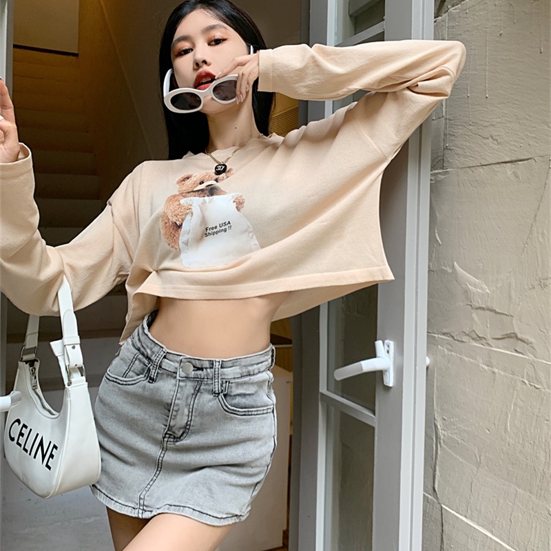 Áo Thun Dệt Kim Tay Dài Dáng Rộng In Họa Tiết Hoạt Hình Xinh Xắn